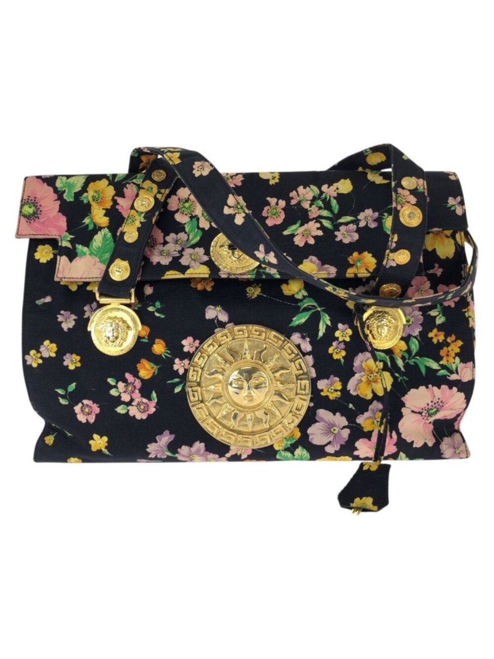 Versace Vintage Sunburst Medusa Multicolor Canvas Shoulder Bag